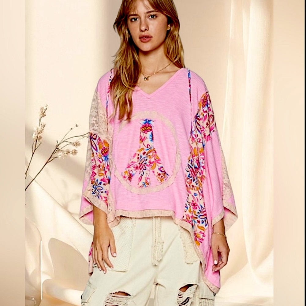 POL Blush Pink Peace Sign Hoodie | Oversized Lace Patchwork Bohemian Top